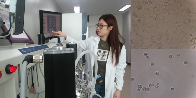 류명선 발효미생물산업진흥원 연구원이 미생물을 발효시키는 실험도구(발효조)를 확인하고 있다.(왼쪽) 우리나라 토착 유산균(오른쪽-위)과 토착 효모(오른쪽-아래) - 발효미생물산업진흥원 제공
